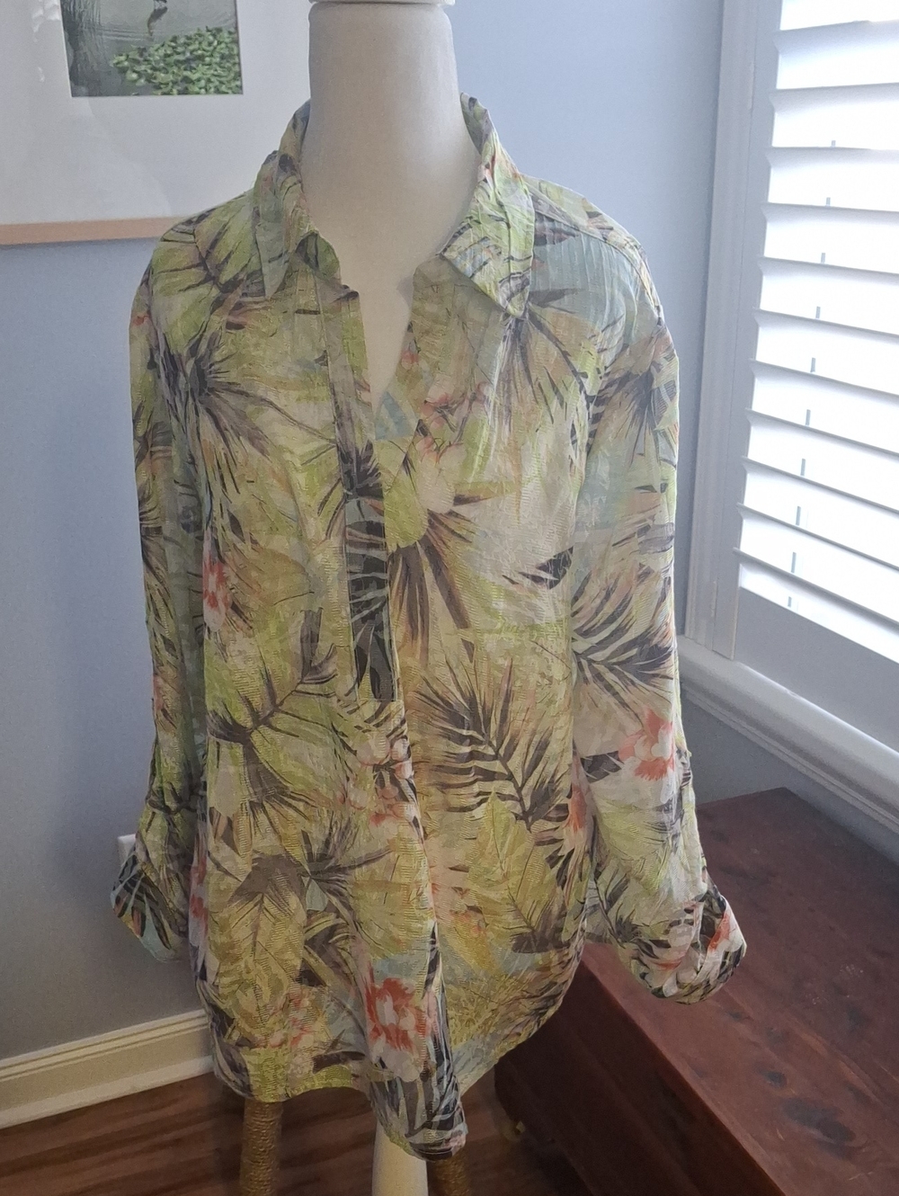 Chico's Green Tropical Print Button-Front Blouse